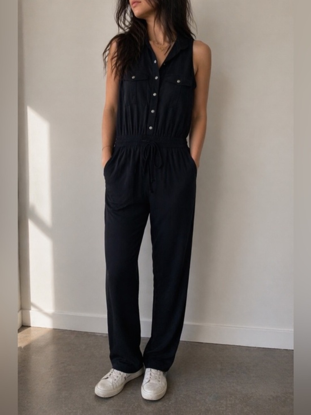 Modern Citizen Black Sleeveless Button-Front Jumpsuit